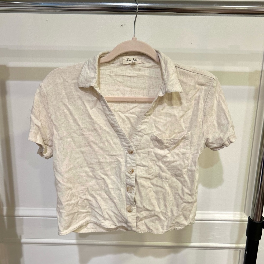 Cream Short-Sleeve Linen Blend Shirt